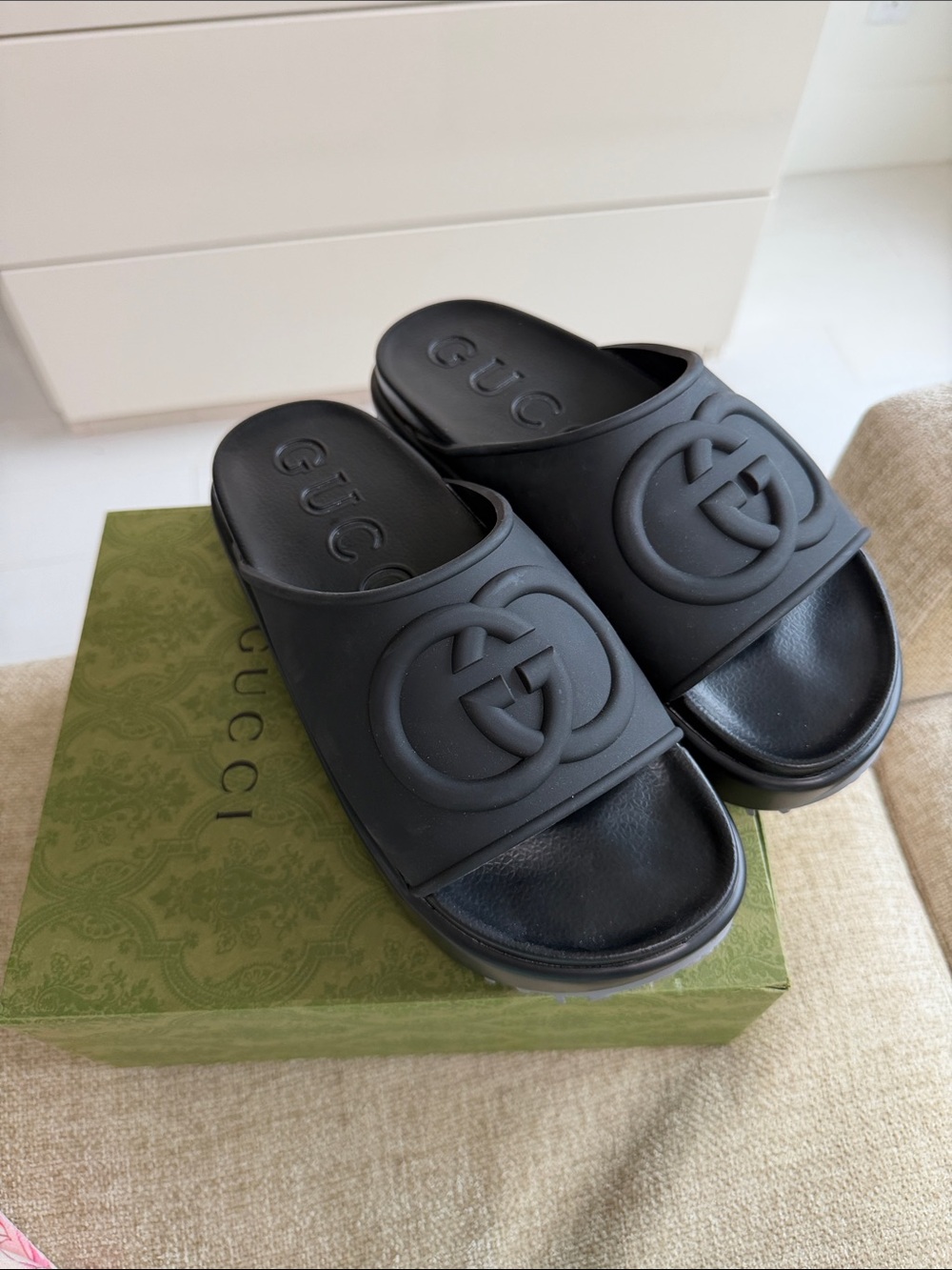 Gucci Black Platform Logo Slide Sandals